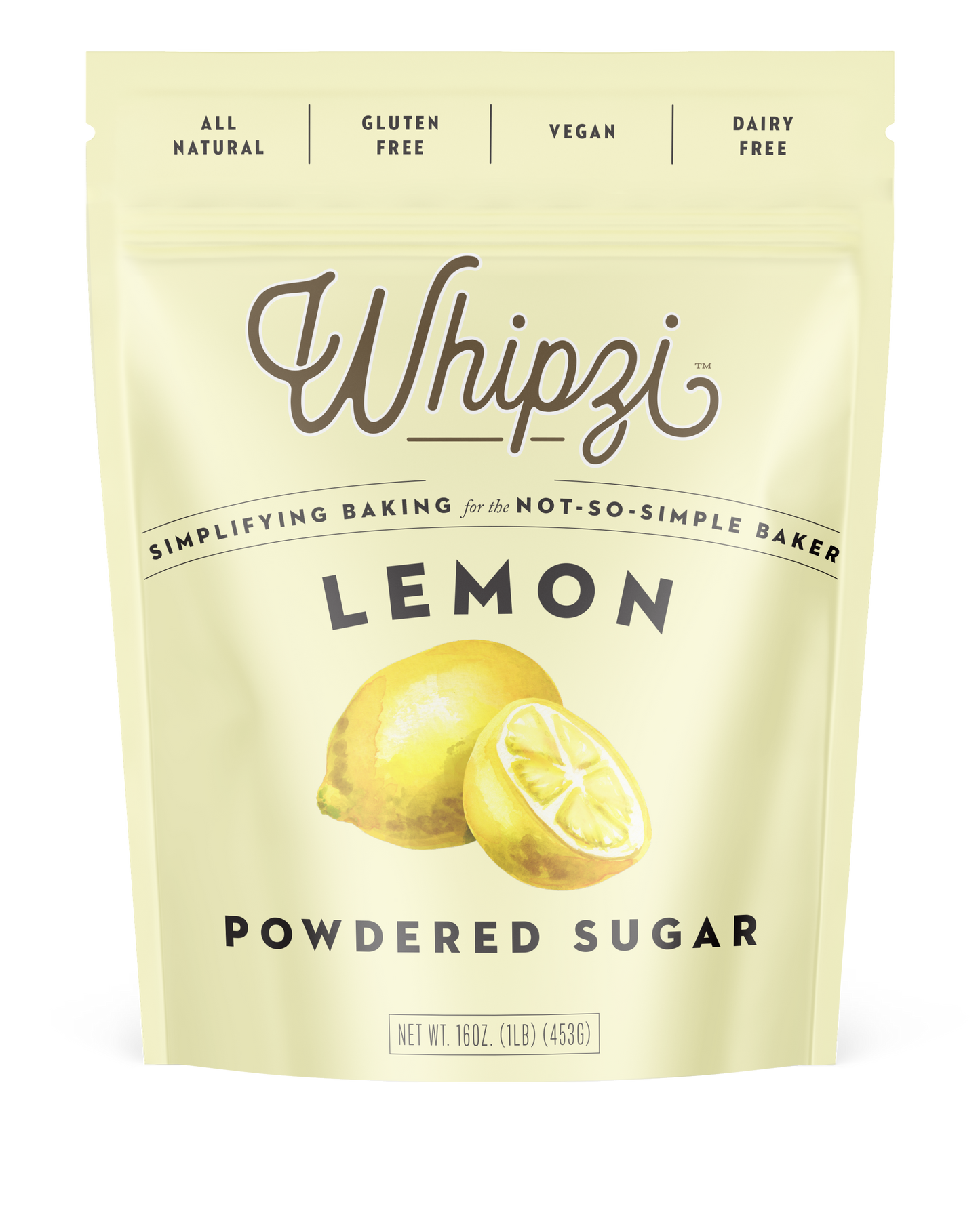 Whipzi™ lemon flavored powdered sugar. Perfect for frosting, royal icing, fudge, milkshakes, fondant, macarons and much more! Use in place of regular powdered sugar.