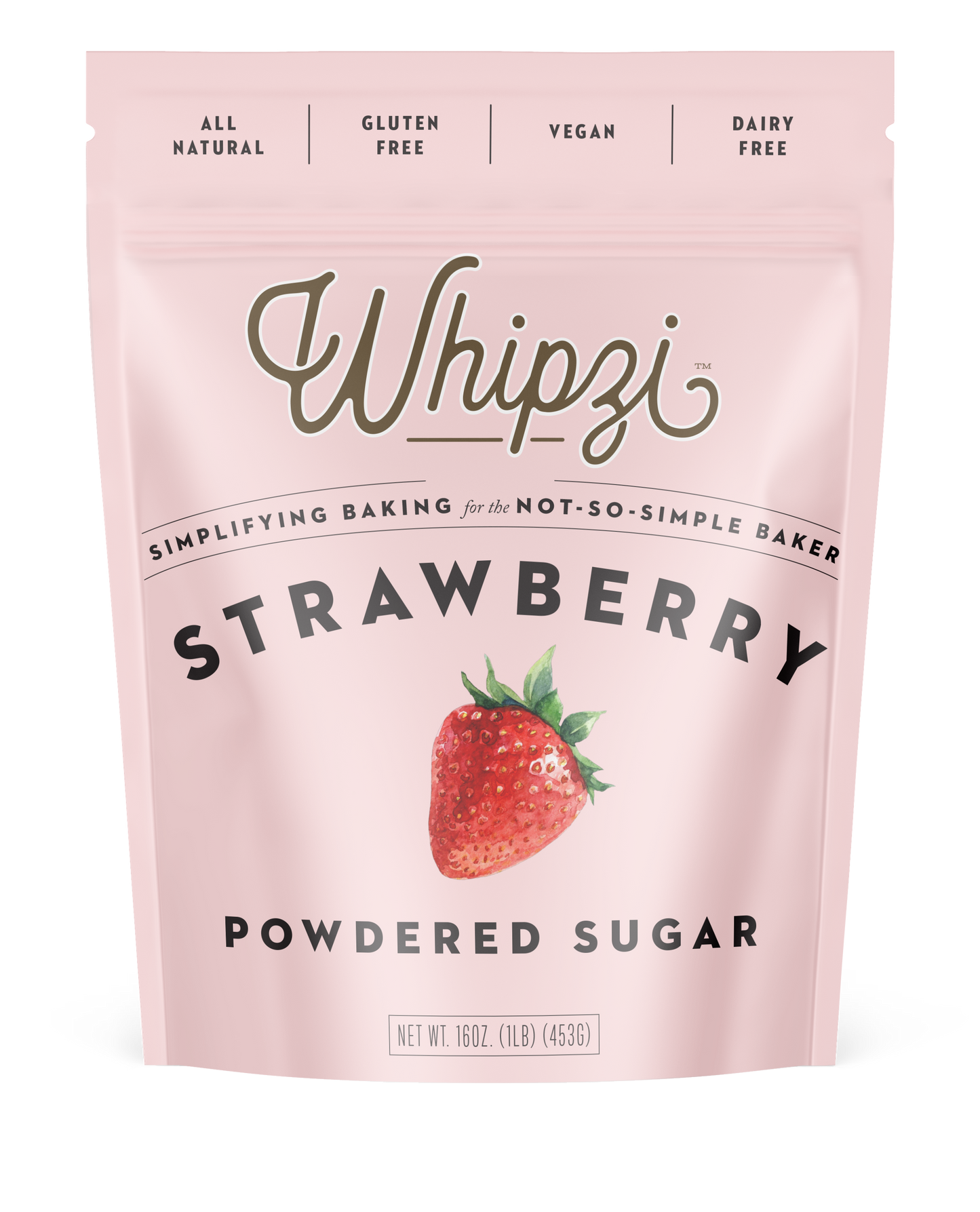 Whipzi™ strawberry flavored powdered sugar. Perfect for frosting, royal icing, fudge, milkshakes, fondant, macarons and much more! Use in place of regular powdered sugar.