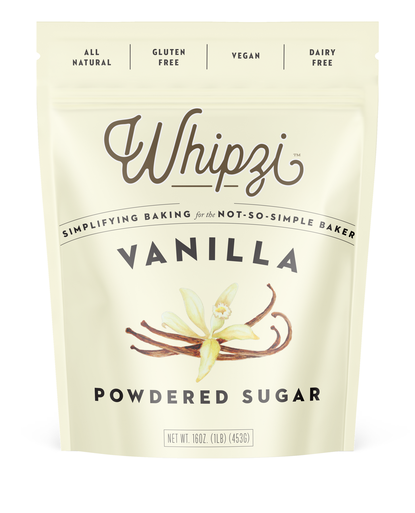 Whipzi™ vanilla flavored powdered sugar. Perfect for frosting, royal icing, fudge, milkshakes, fondant, macarons and much more! Use in place of regular powdered sugar.