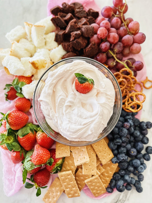 fruit charcuterie board using Whipzi™ strawberry flavor powdered sugar cream cheese fruit dip easy recipe