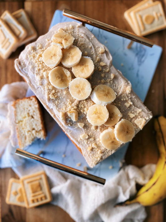 homemade banana cake with vanilla cream cheese cinnamon frosting using Whipzi™ vanilla powdered sugar