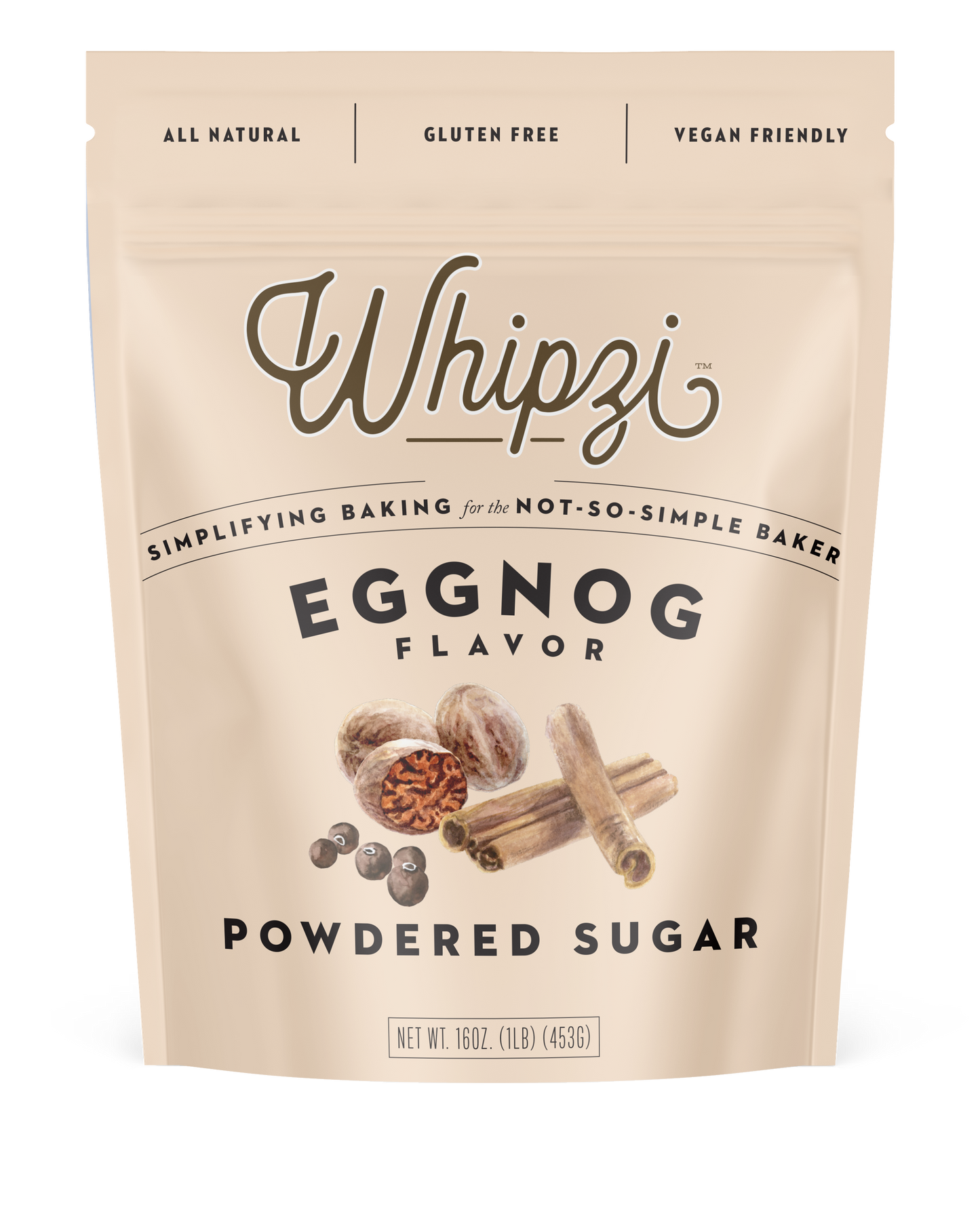 Package of Whipzi Eggnog Powdered Sugar on a beige background