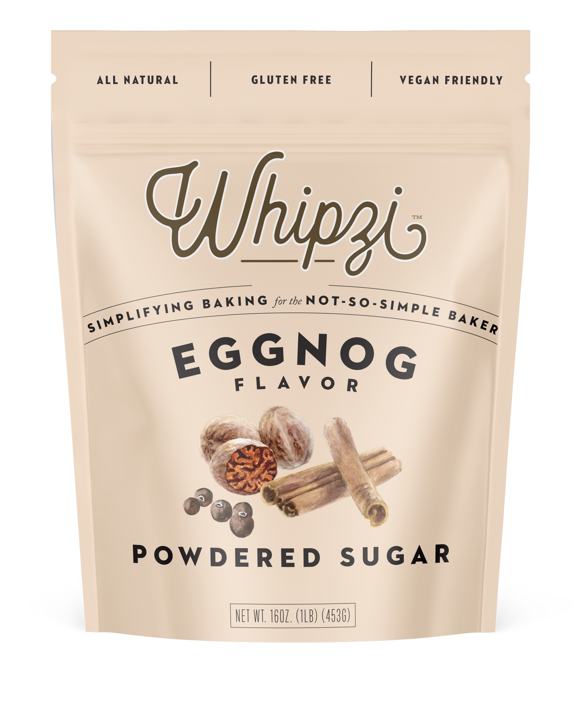 Package of Whipzi Eggnog Powdered Sugar on a beige background