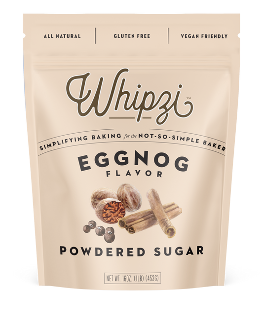 Package of Whipzi Eggnog Powdered Sugar on a beige background