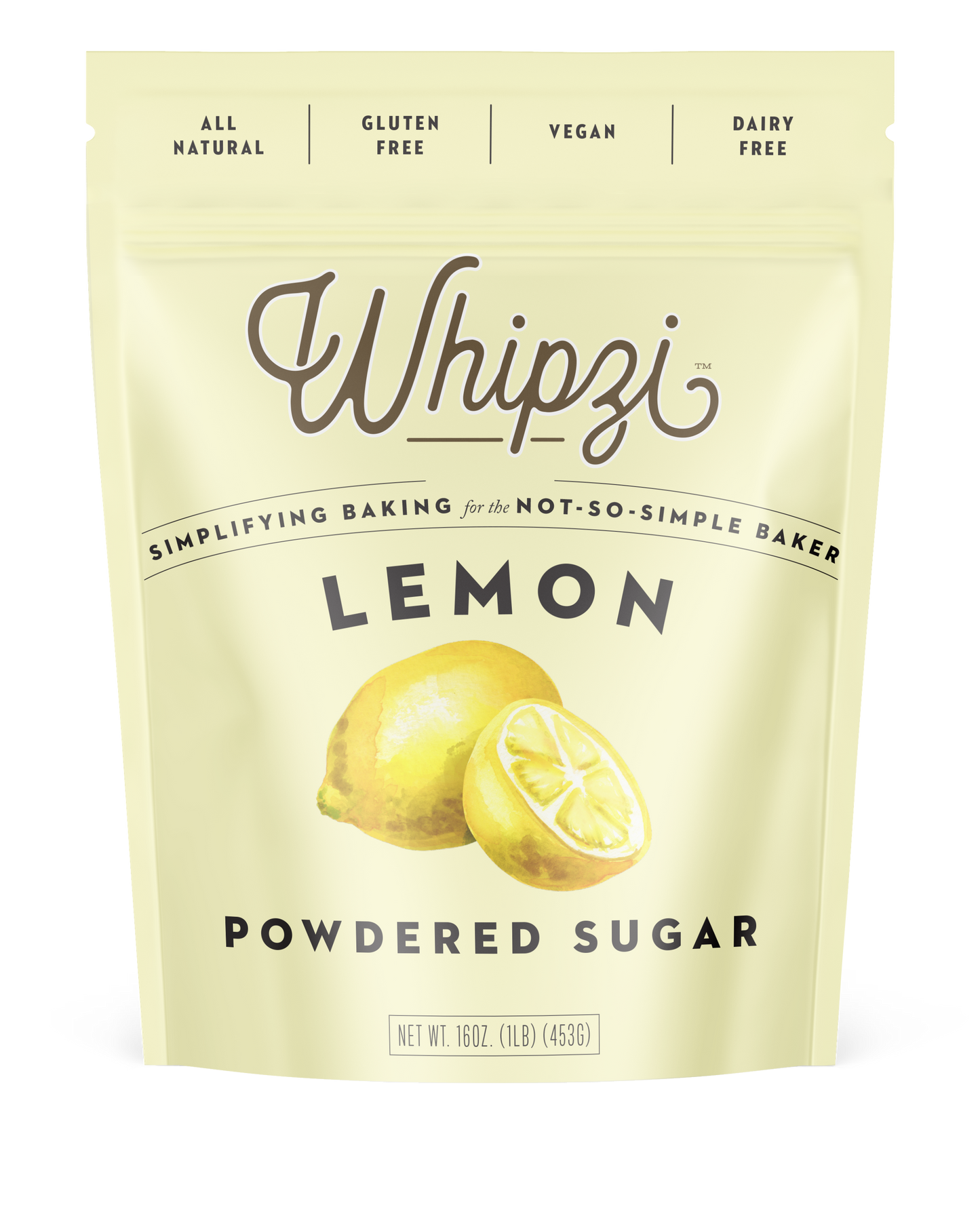 Whipzi™ lemon flavored powdered sugar. Perfect for frosting, royal icing, fudge, milkshakes, fondant, macarons and much more! Use in place of regular powdered sugar. 