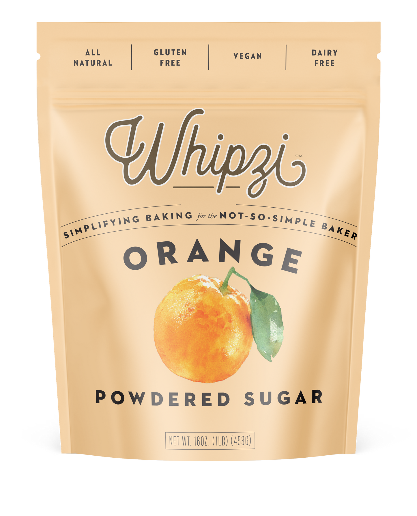 Whipzi™ orange flavored powdered sugar. Perfect for frosting, royal icing, fudge, milkshakes, fondant, macarons and much more! Use in place of regular powdered sugar. 