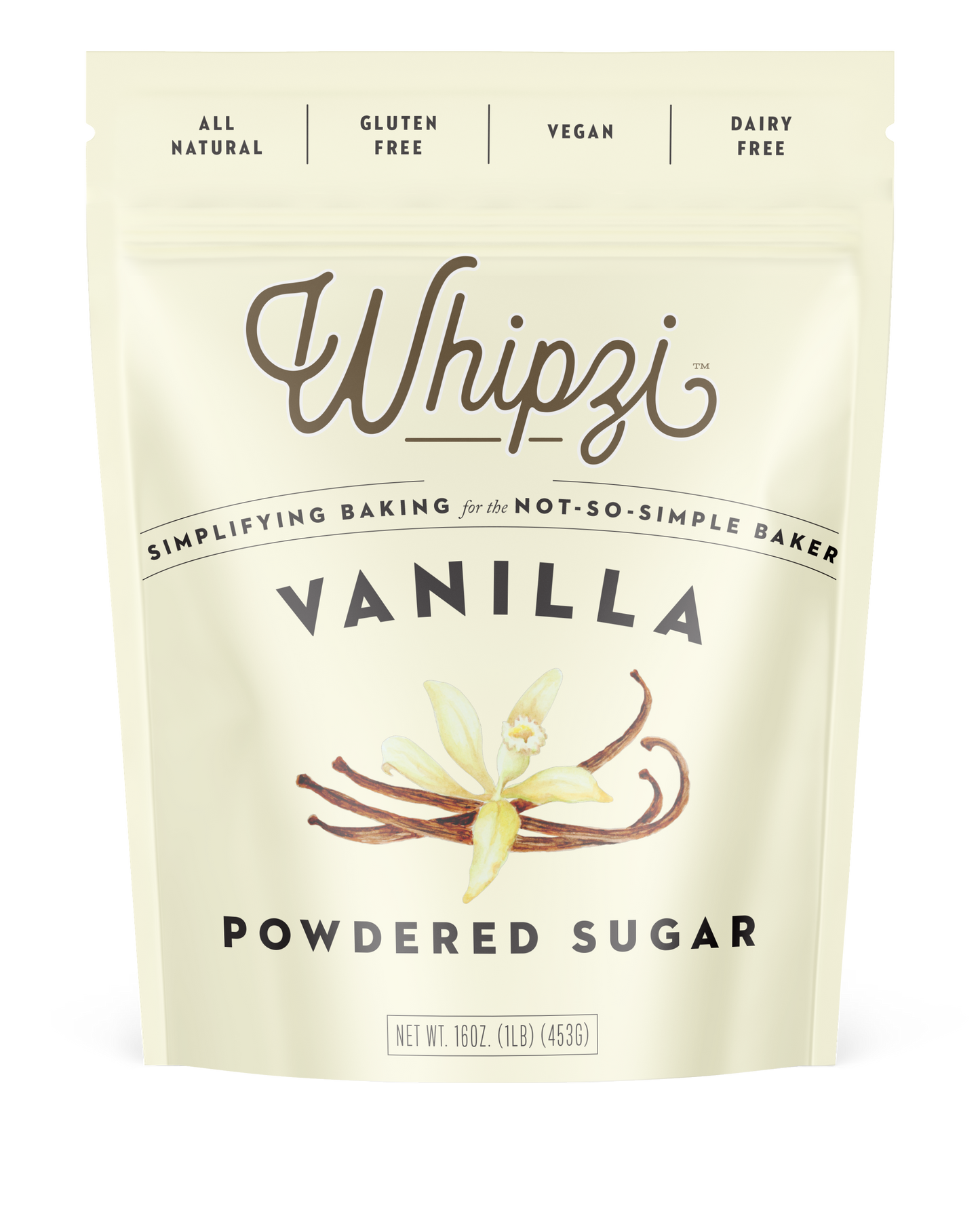 Whipzi™ vanilla flavored powdered sugar. Perfect for frosting, royal icing, fudge, milkshakes, fondant, macarons and much more! Use in place of regular powdered sugar. 